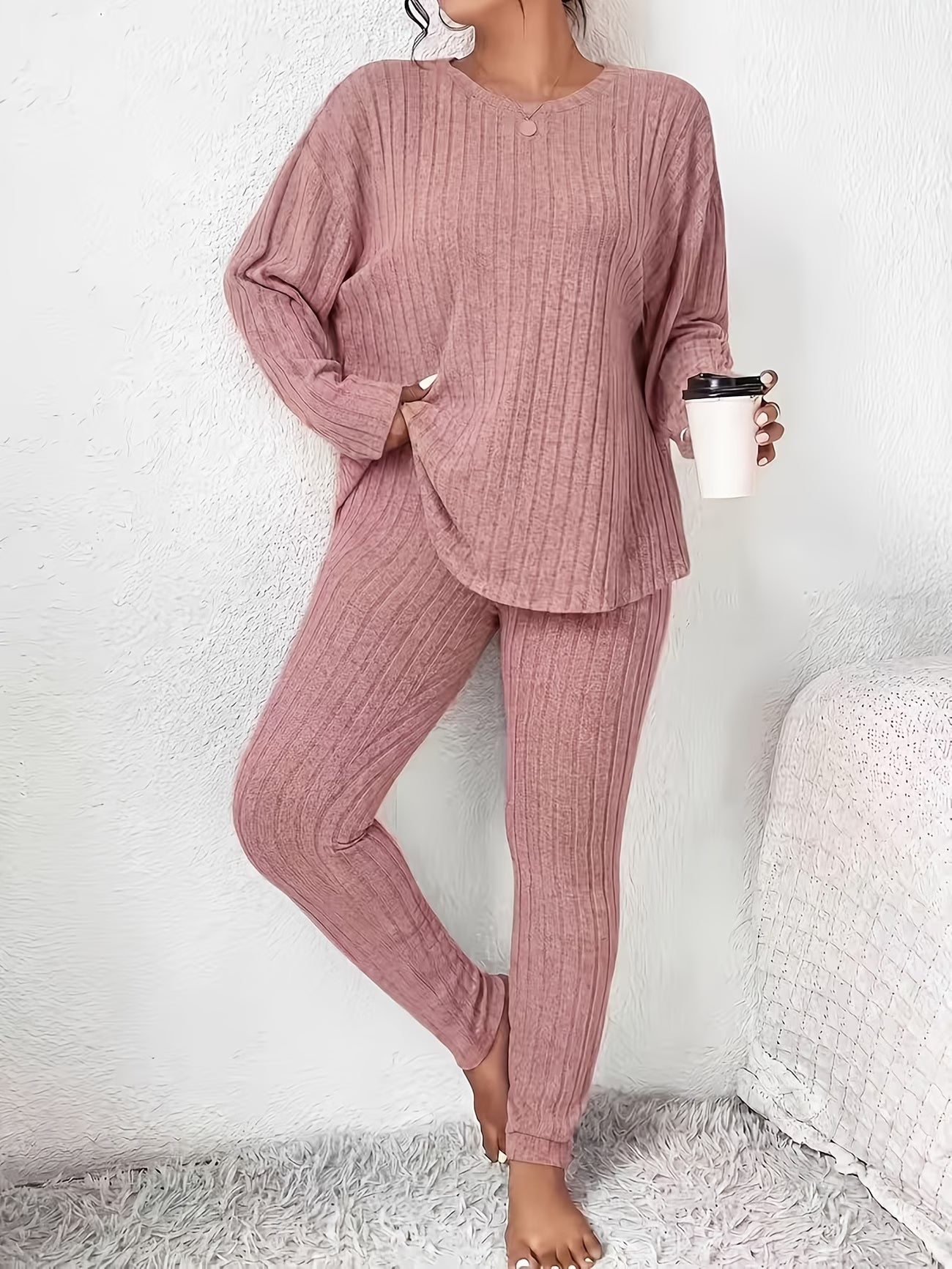 Solid Colour Long-Sleeve Top & Trousers Casual Set
