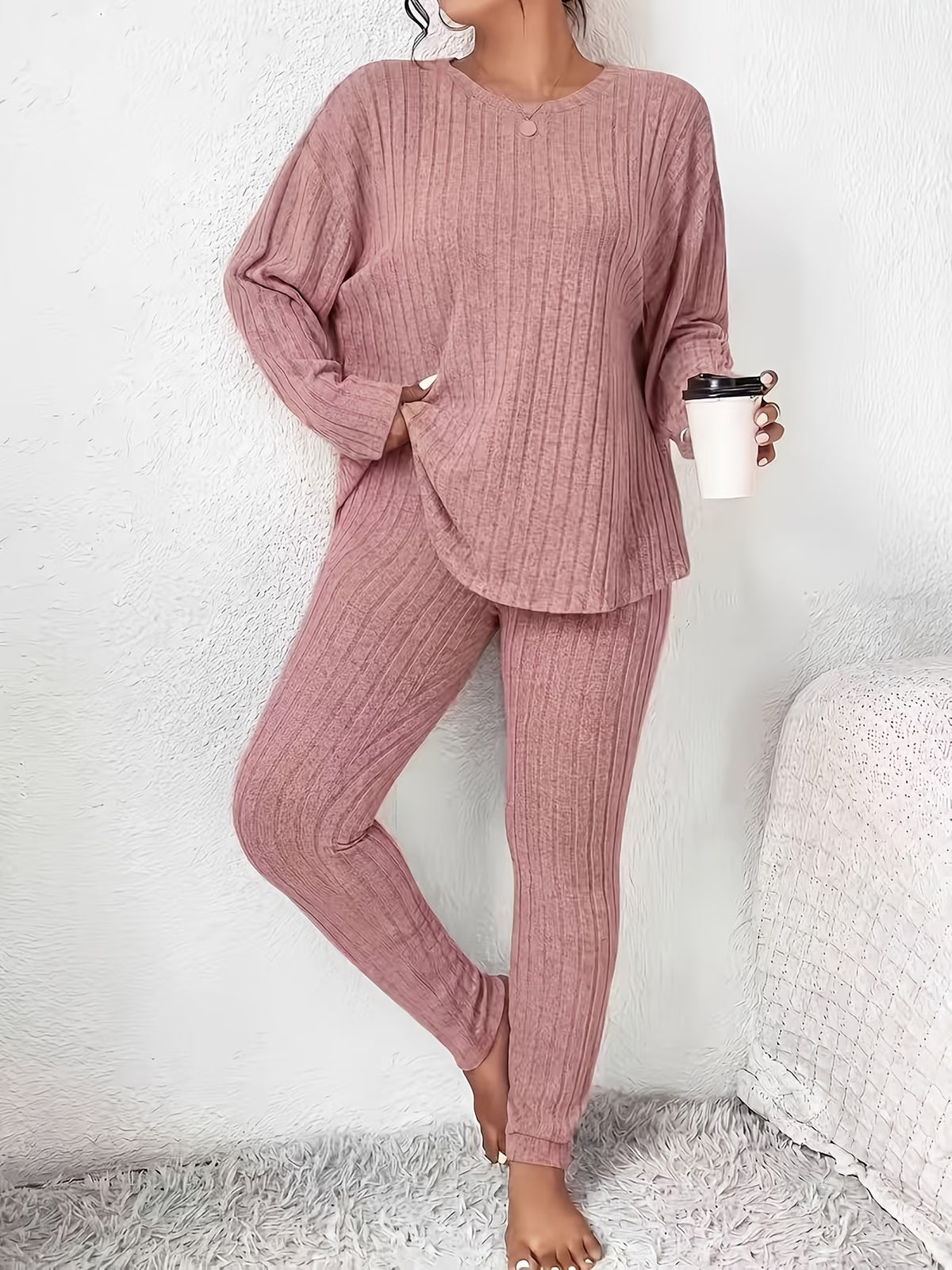 Solid Colour Long-Sleeve Top & Trouser Set