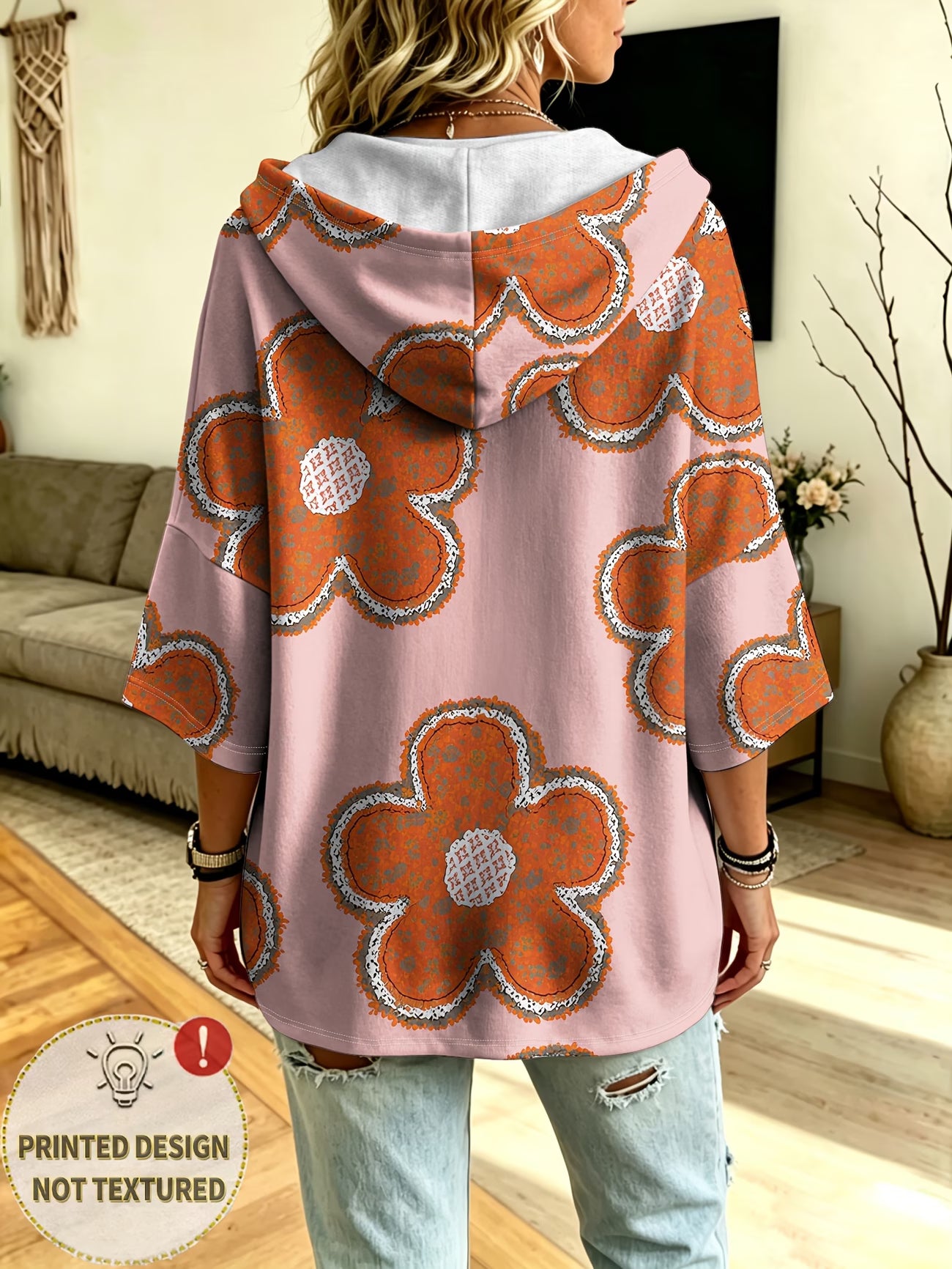 Women's Plus Size Orange Floral Print Hooded Cardigan Jacket
