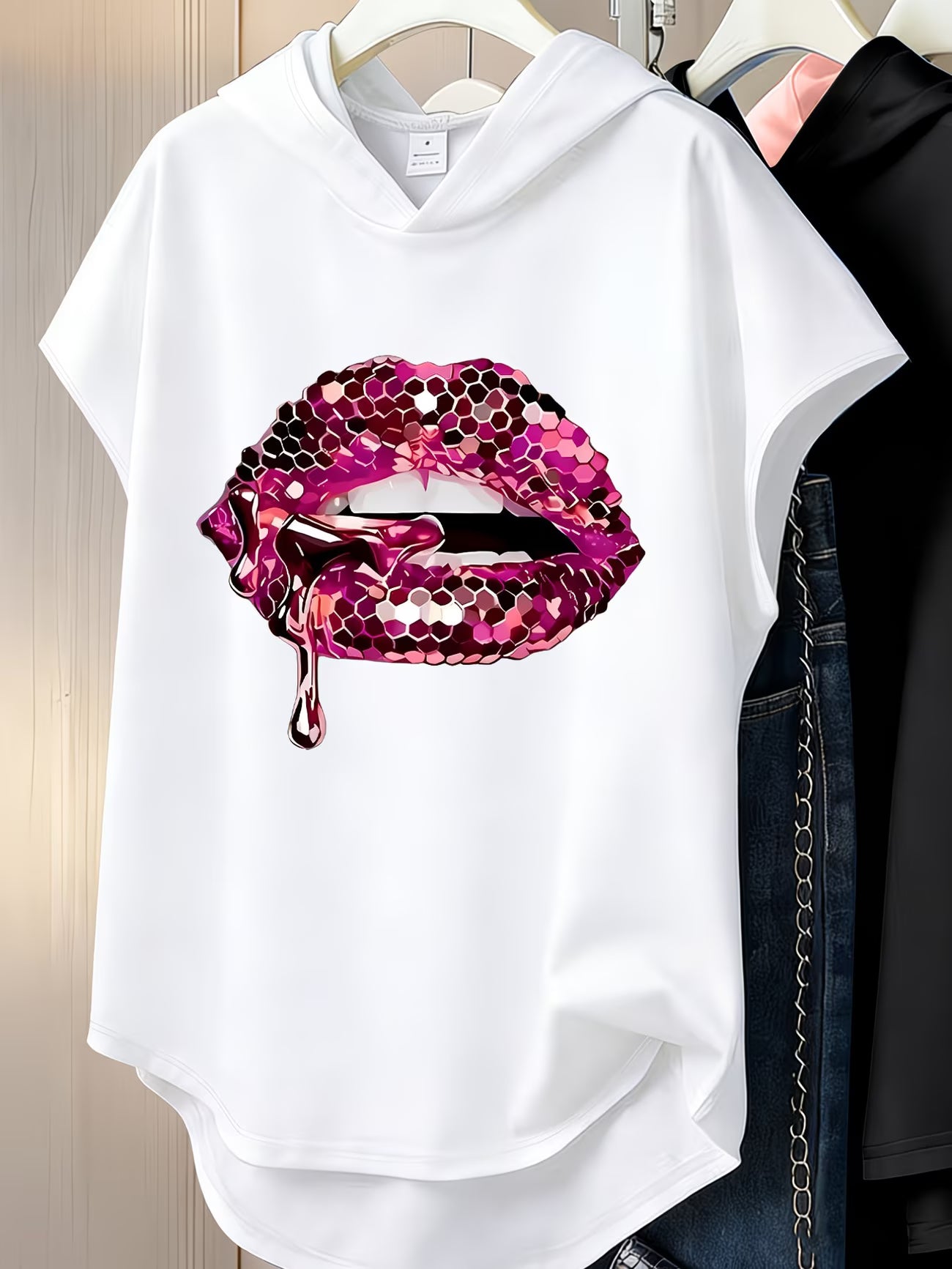 Women's Y2K Lip Print Hooded T-Shirt — Texture Detail, Loose Fit