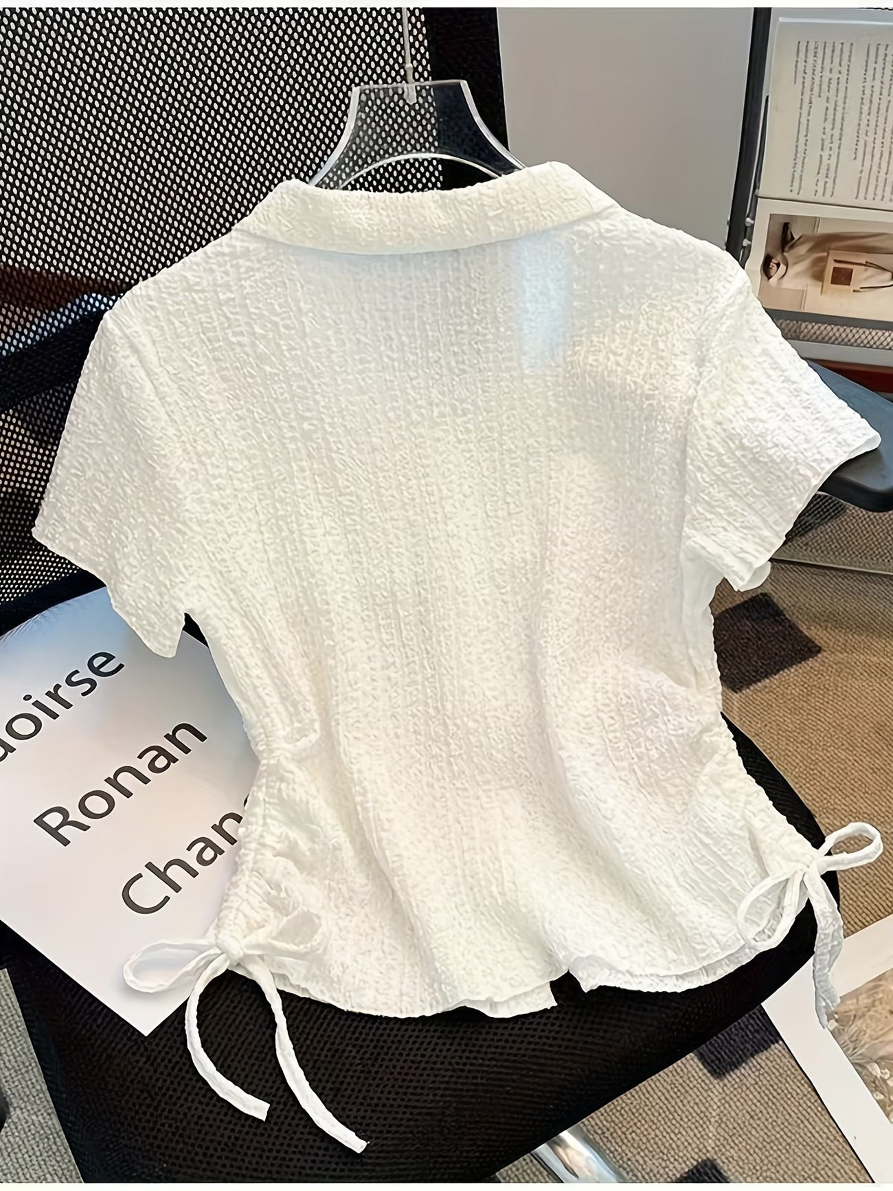 Women's White Drawstring Blouse — Short Sleeve Button Detail | Elastic Waist