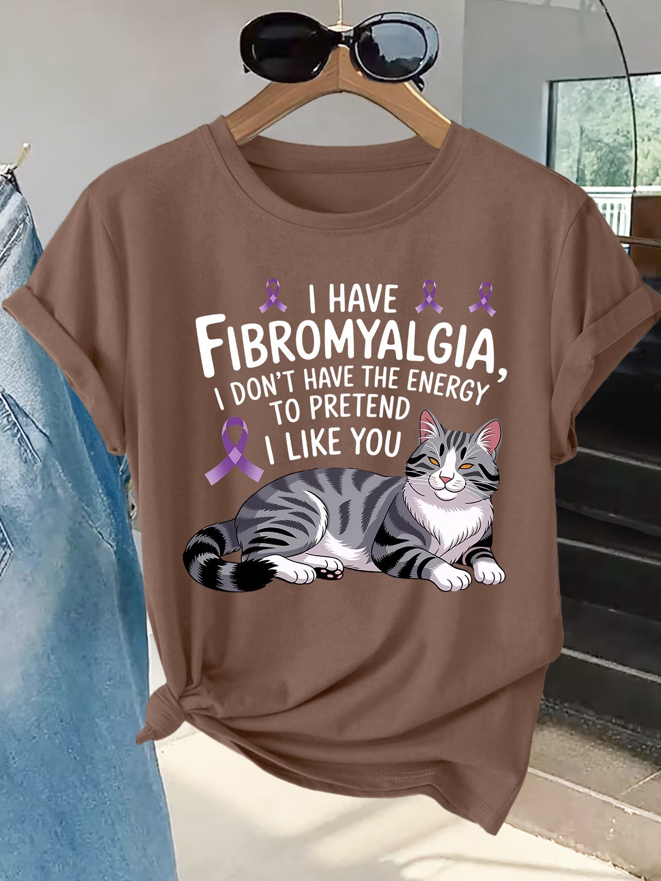 Plus Size Women's Fibromyalgia Awareness T-Shirt – Cat & Ribbon Print Slogan Top