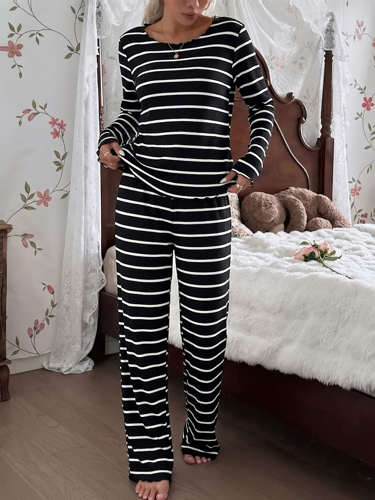 2pcs Premium Ribbed Pajama Set | Black & White Stripe Crew Neck Top & Lounge Pants