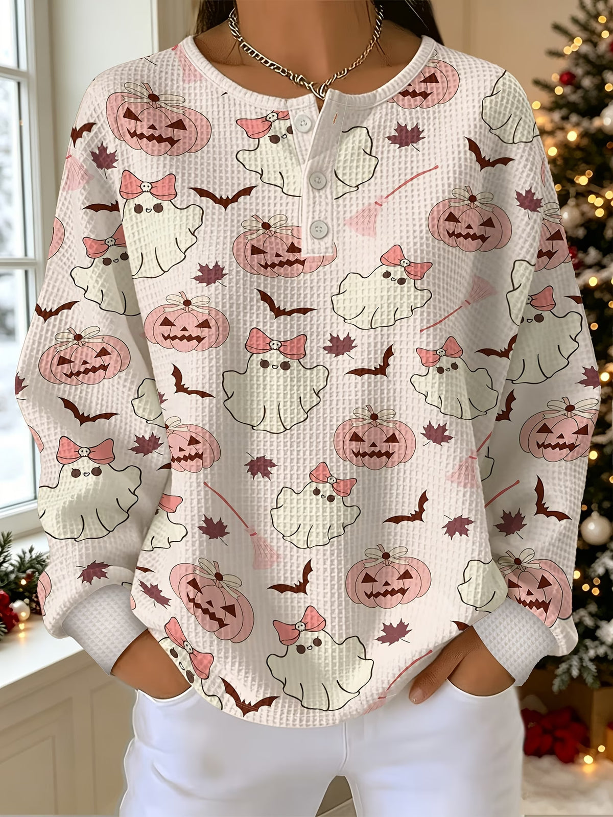 Women’s Halloween Sweatshirt with Pink Pumpkin Print
