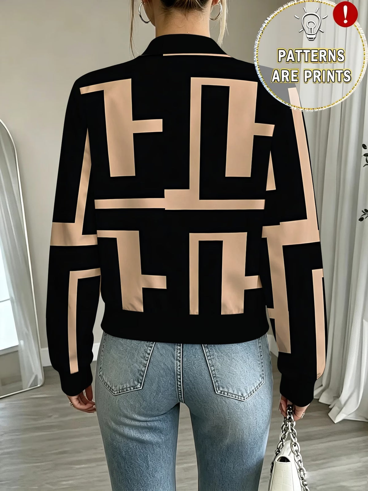 Women's Black Geometric Letter Print Zip-Up Baseball Jacket