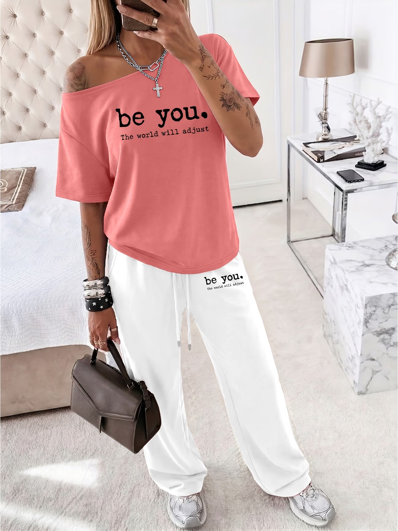 "Be You, The World Will Adjust" Slogan Off-Shoulder Top & Wide Leg Trousers 2-Piece Set