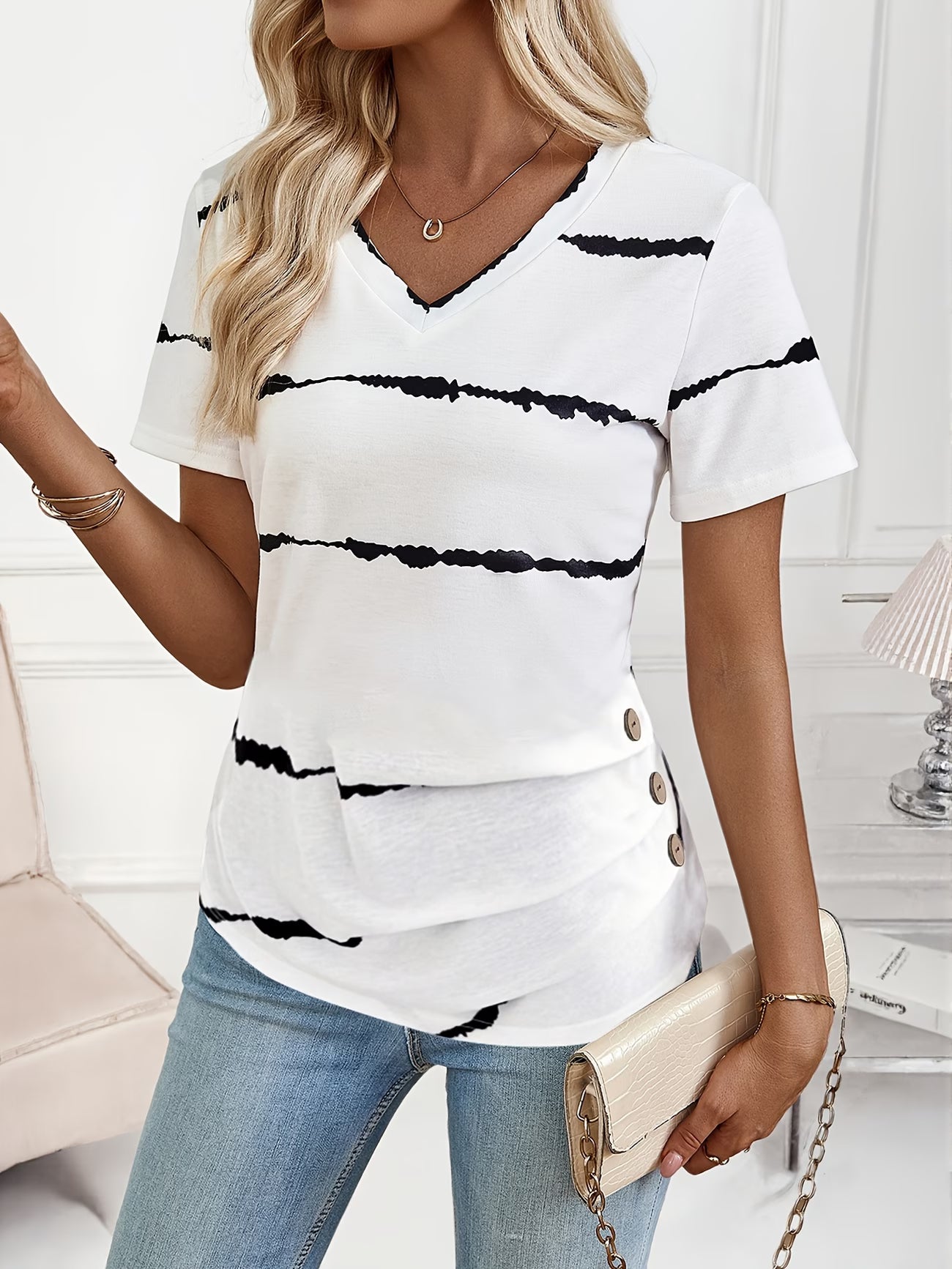 V-Neck Button-Front T-Shirt with Decorative Buttons
