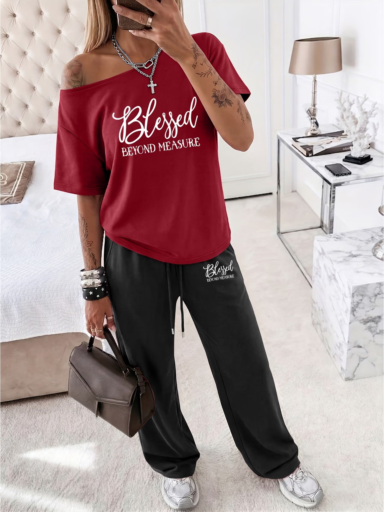 "Blessed Beyond Measure" Slogan Off-Shoulder Short Sleeve Top & Wide Leg Trousers Co-ord Set