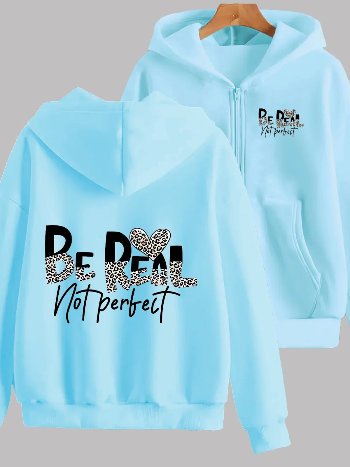 Leopard Heart "Be Real Not Perfect" 2-Pattern Print Y2K Zip-Up Hoodie