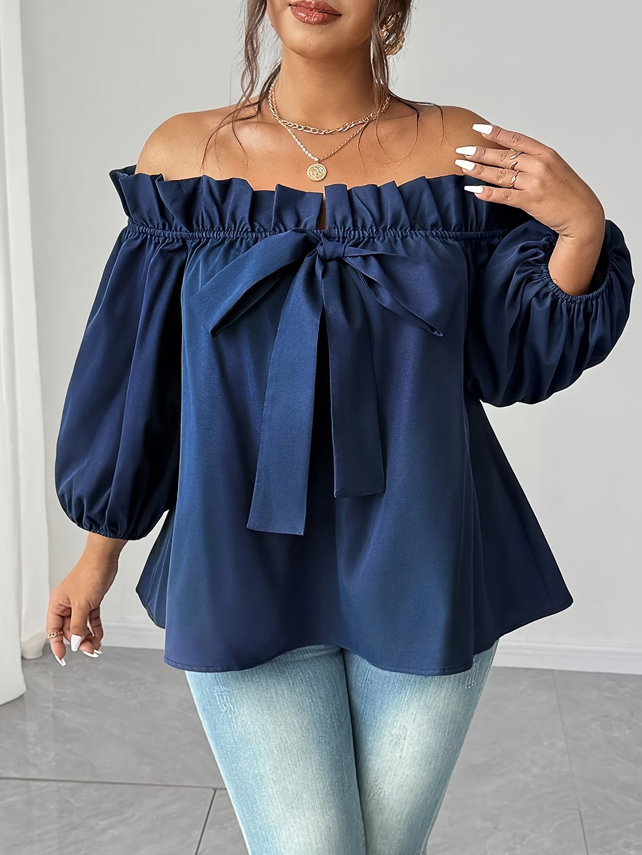 Plus Size Off-Shoulder Boat Neck Blouse — Navy