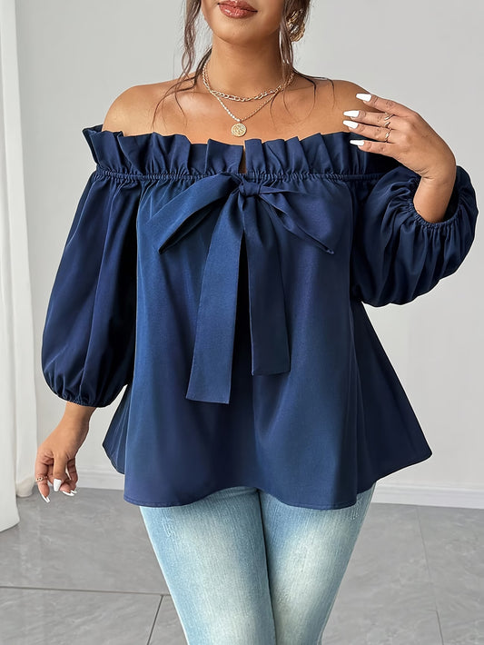 Plus Size Off-Shoulder Boat Neck Blouse — Navy