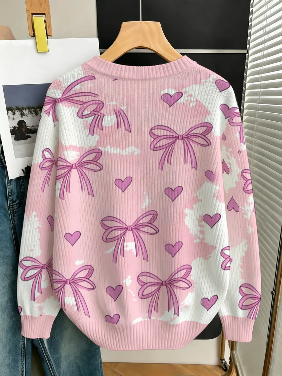 Women's Pink Bow & Heart Print Pullover