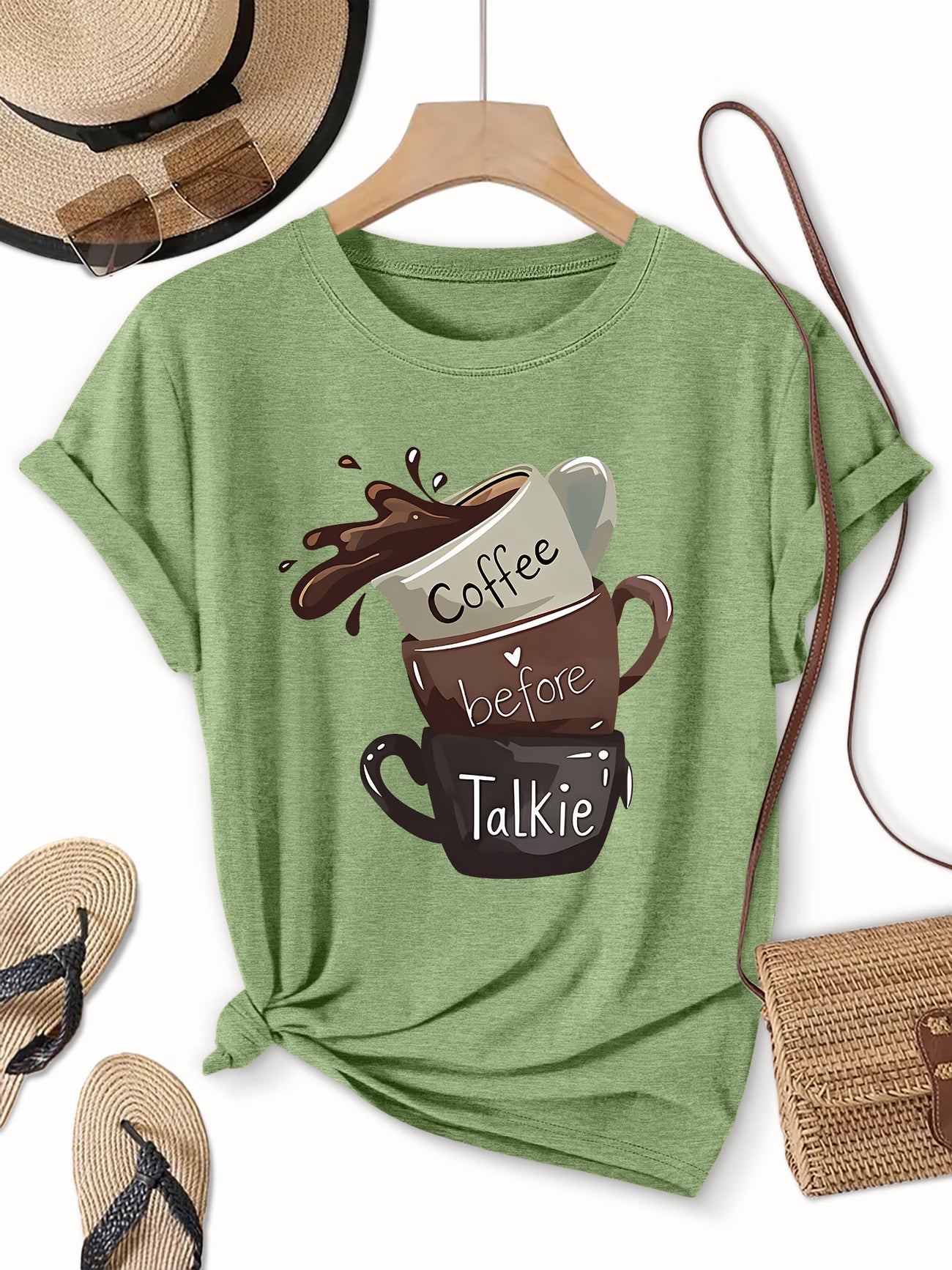 "Coffee Before Talkie" Slogan Tee – Plus Size Round Neck Top