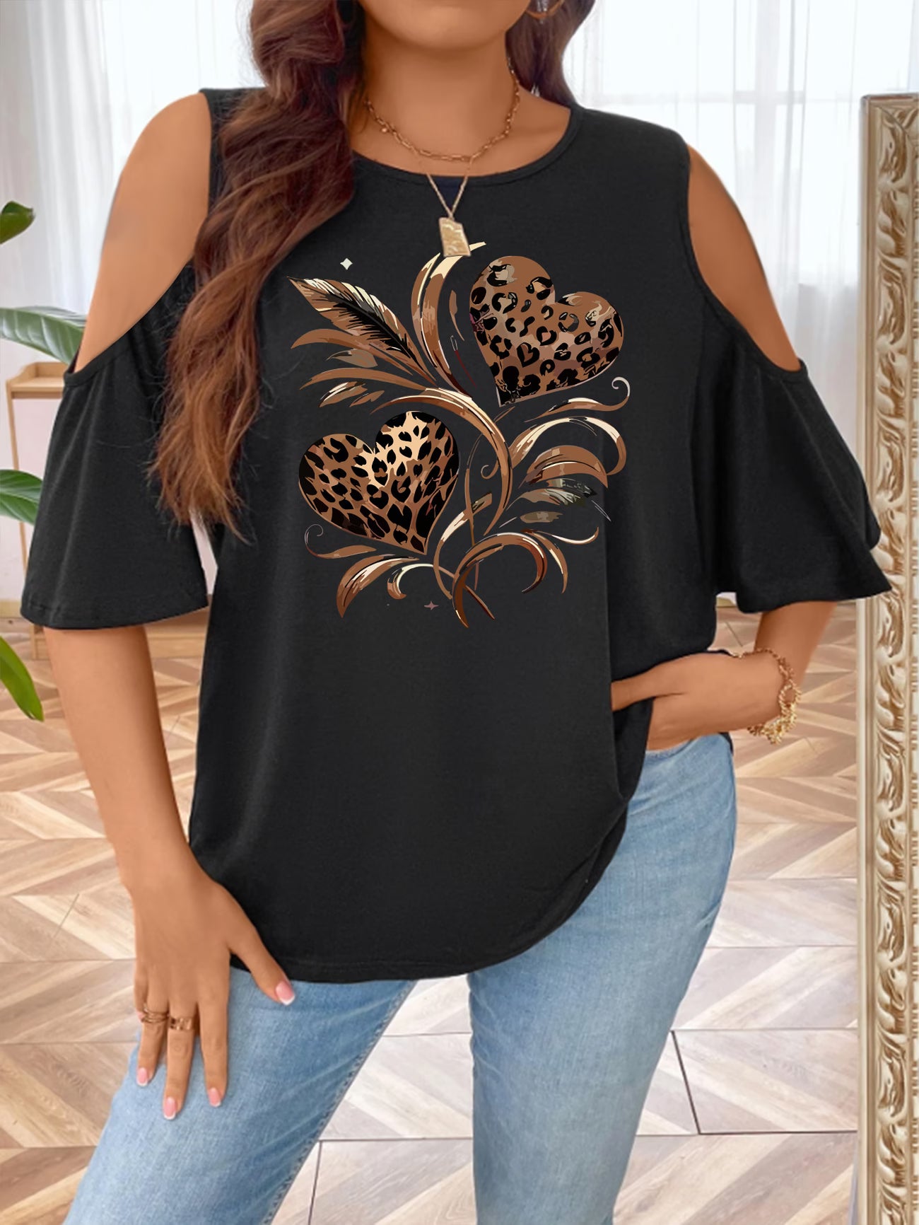Women's Plus Size Leopard Print Off-Shoulder Batwing Top