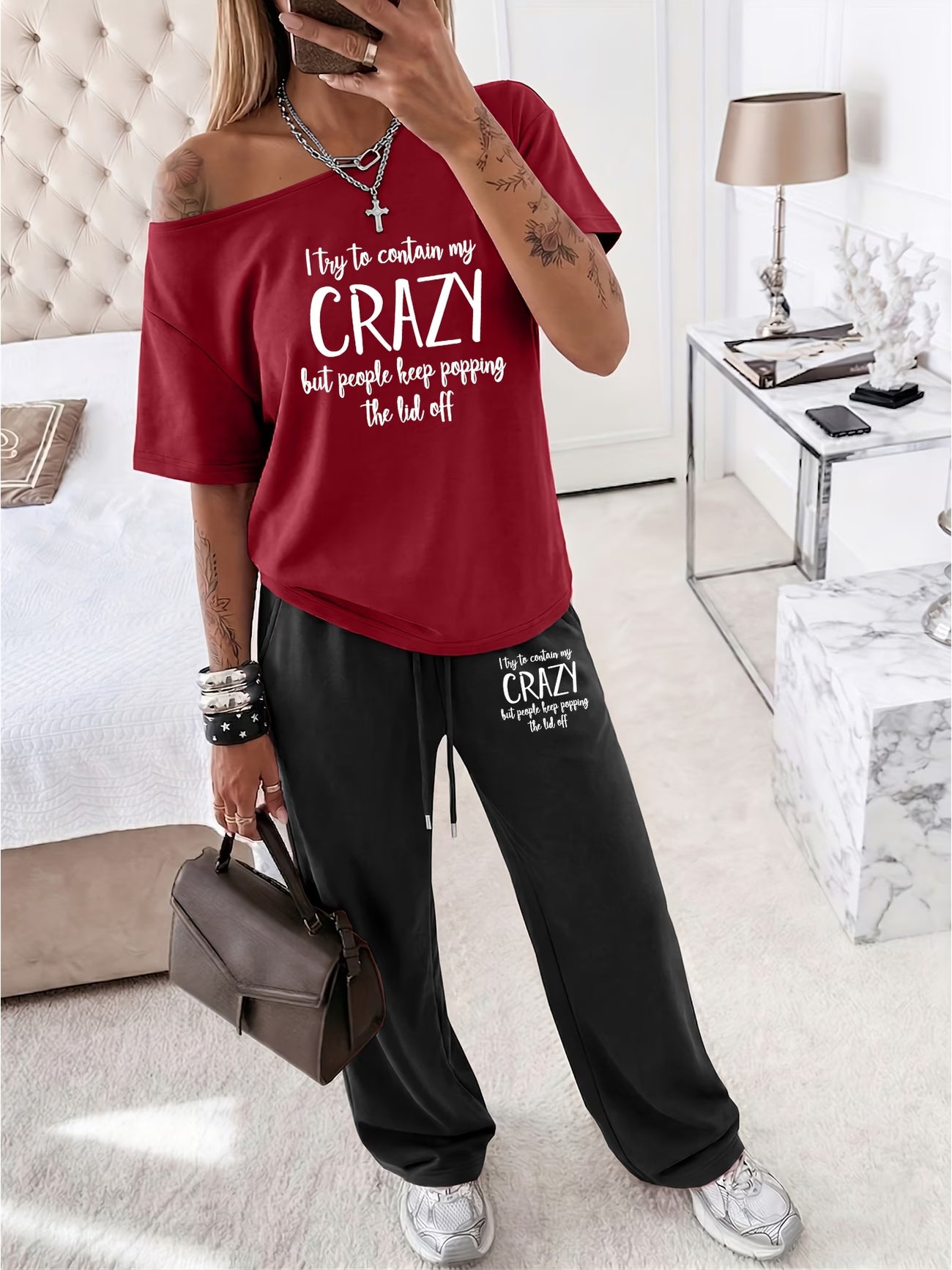 Off-Shoulder Short Sleeve Top & Wide Leg Trousers 2-Piece Co-ord Set