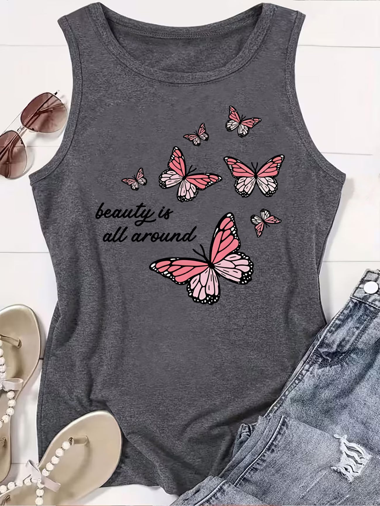 Women's Butterfly Slogan Print Sleeveless Vest | Graphic Tank Top