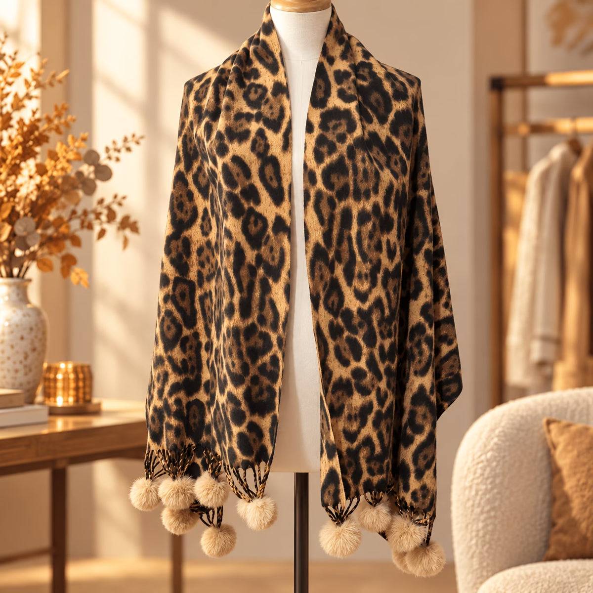 Faux Cashmere Leopard Print Pom-Pom Scarf