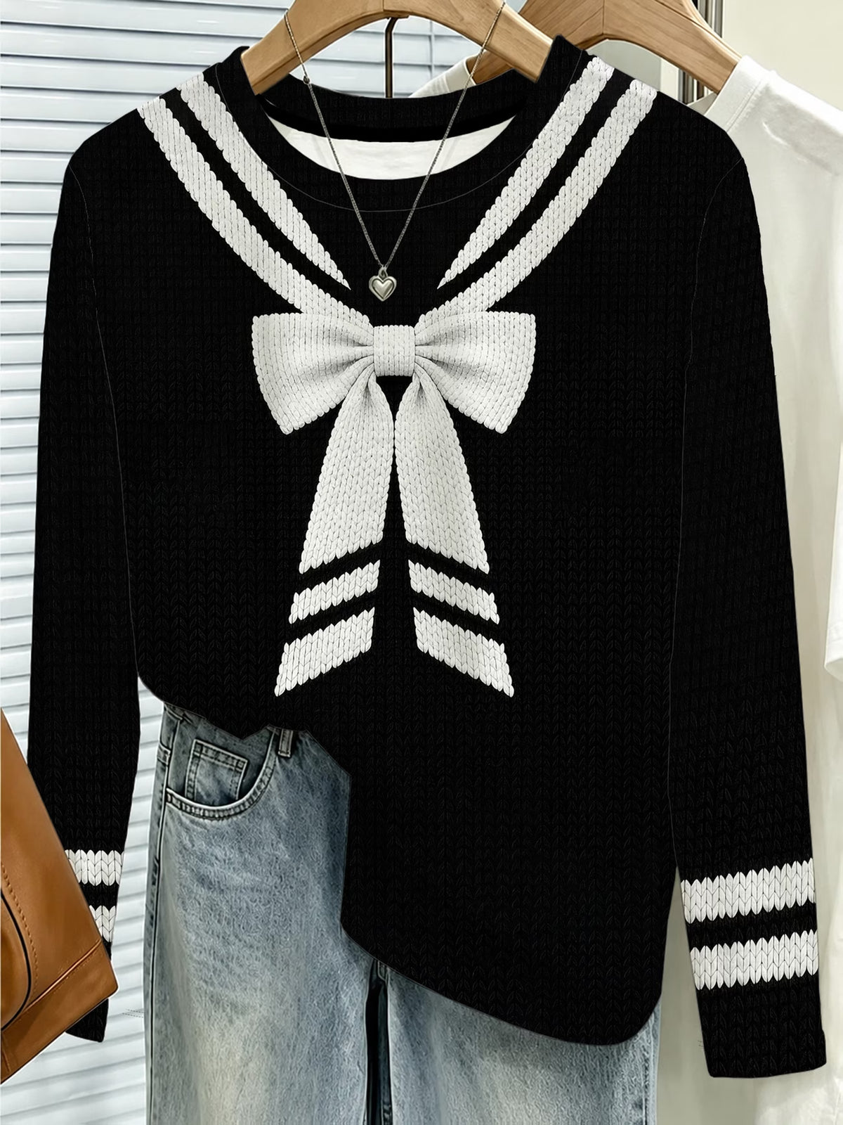 Black Sailor Bow Print Crew Neck Long Sleeve Top a flat 2D print,