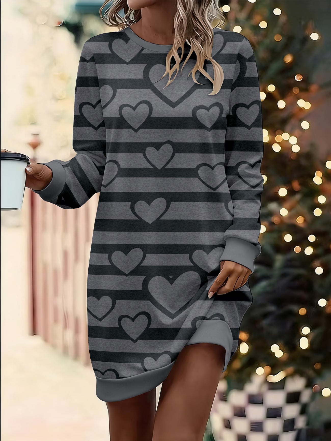 Women's Elegant Heart-Print Sweatshirt Dress