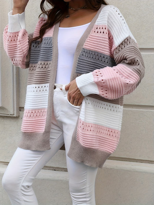 Plus-Size Women's Color-Blocked Cardigan with Hollowed-Out Long Sleeves