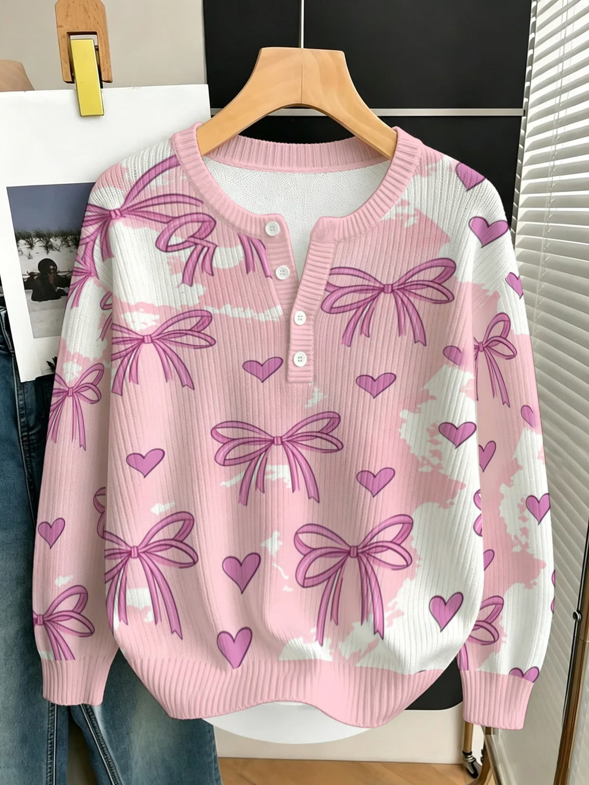 Women's Pink Bow & Heart Print Pullover