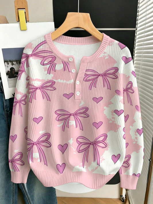 Women's Pink Bow & Heart Print Pullover