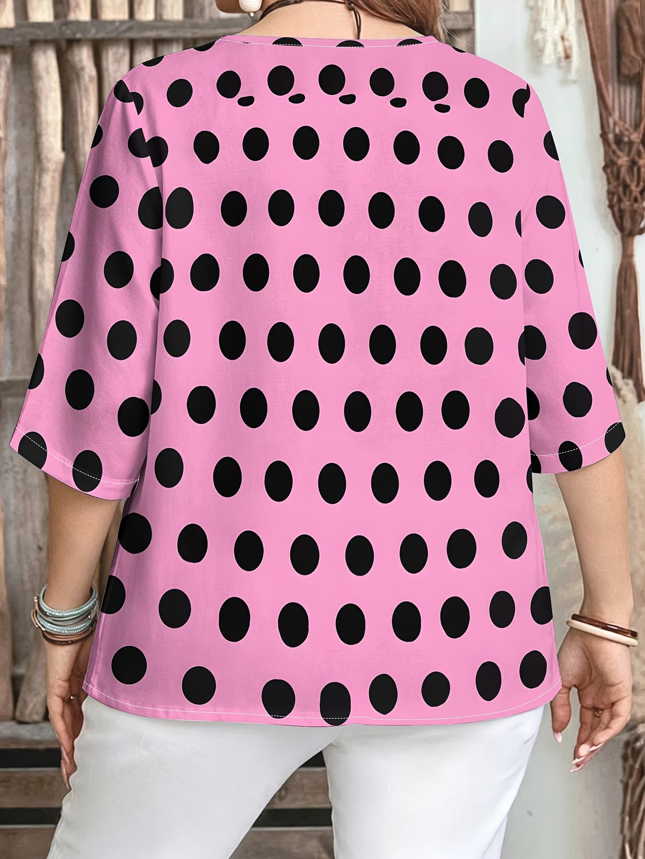 Pink Polka Dot Loose Women's Three Quarter Sleeve Top
