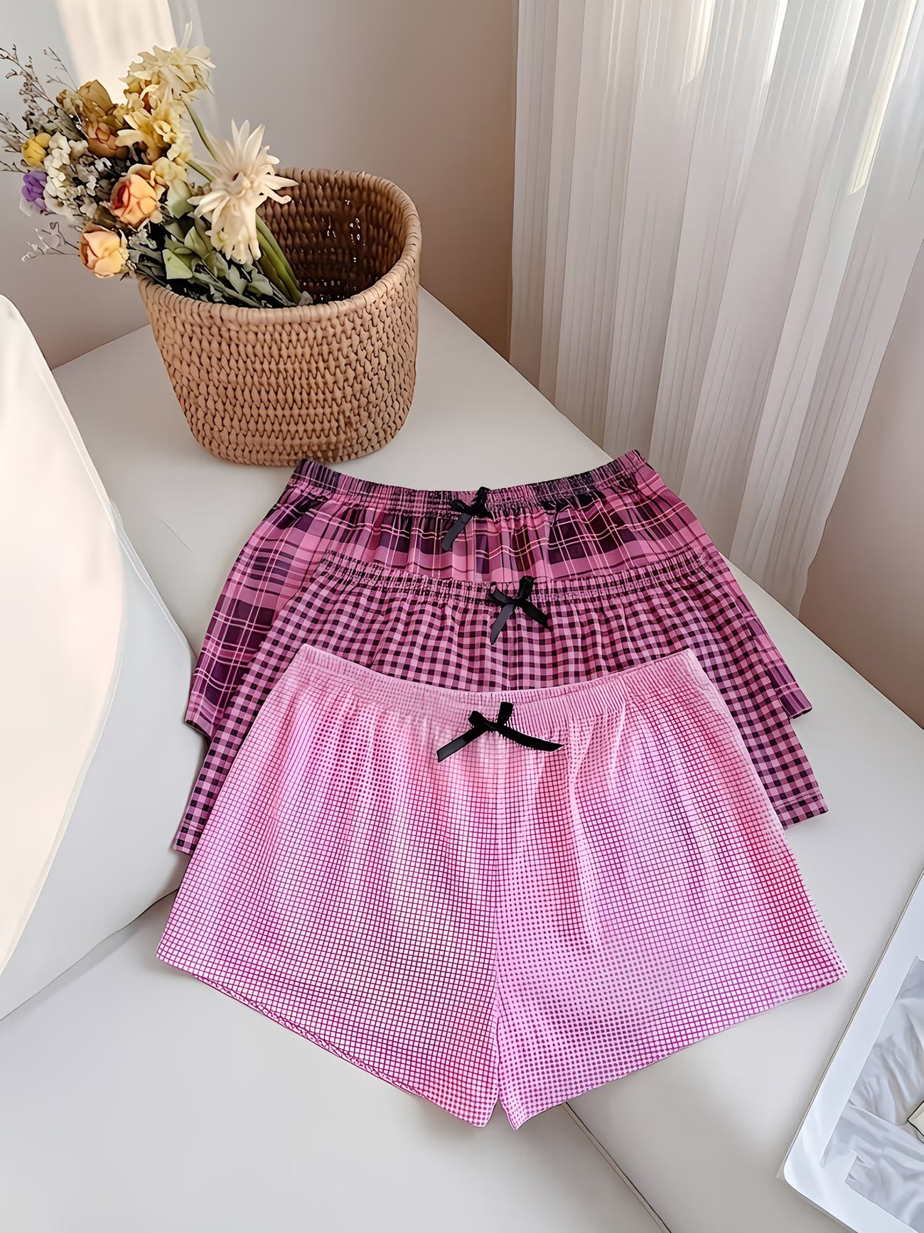 Plaid Bow Micro-Elastic Comfortable Loose 3-Piece Set