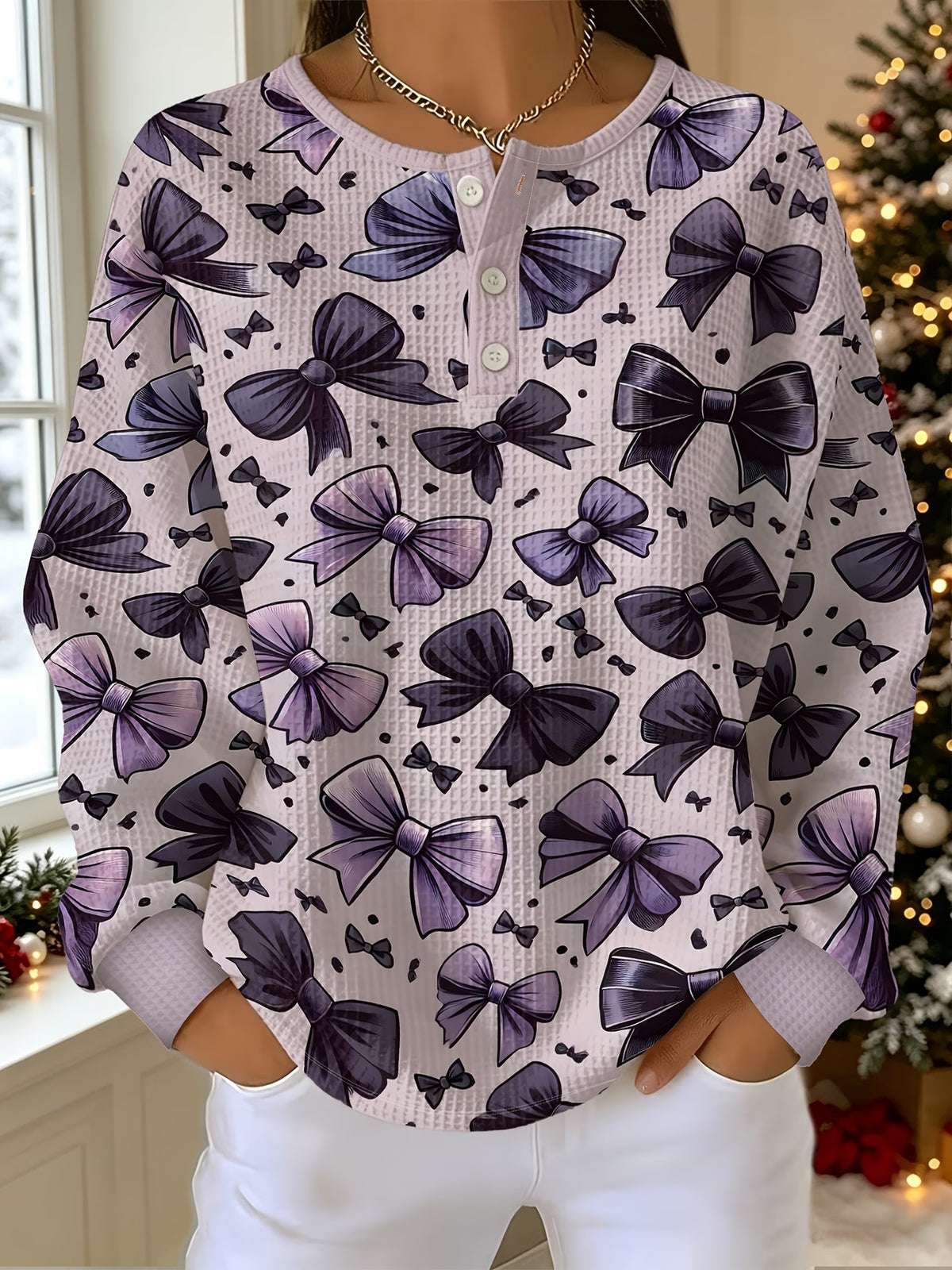 Women’s Light Purple Sweatshirt with Dark Purple Bow Print
