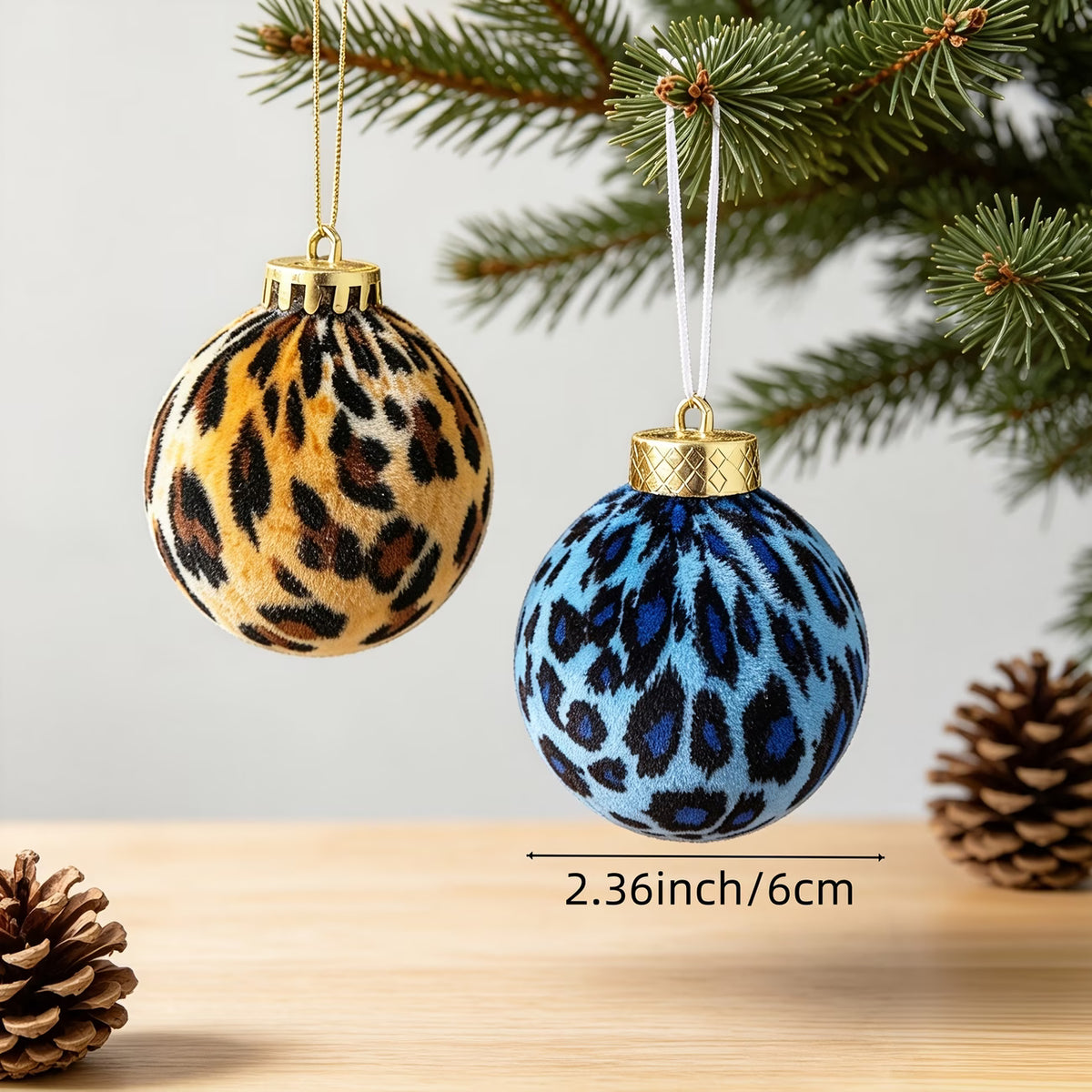 Leopard Print Christmas Ornament Balls - 6cm, Box of 12 Hanging Decorations