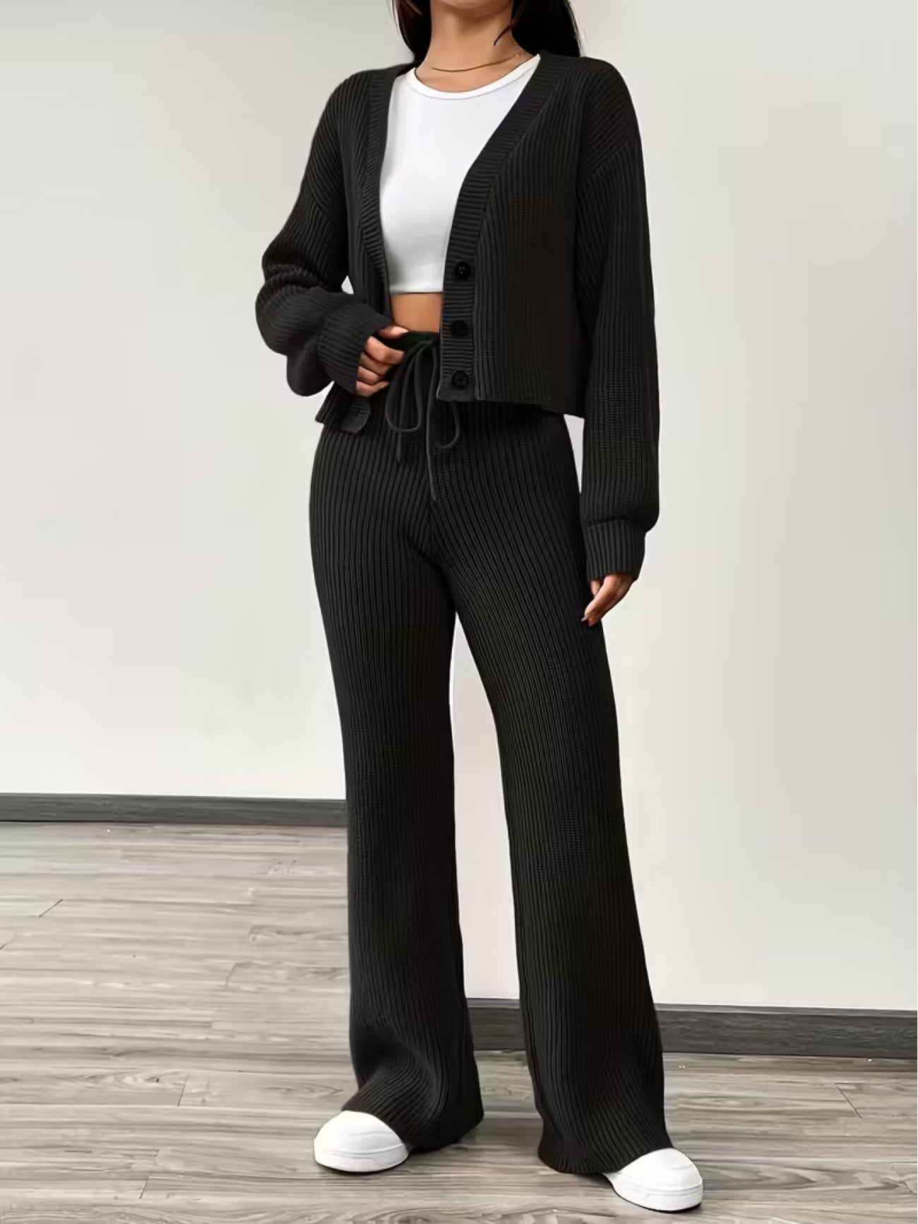 Solid-Color Cardigan and Pants Casual Two- Piece Set, Stylish