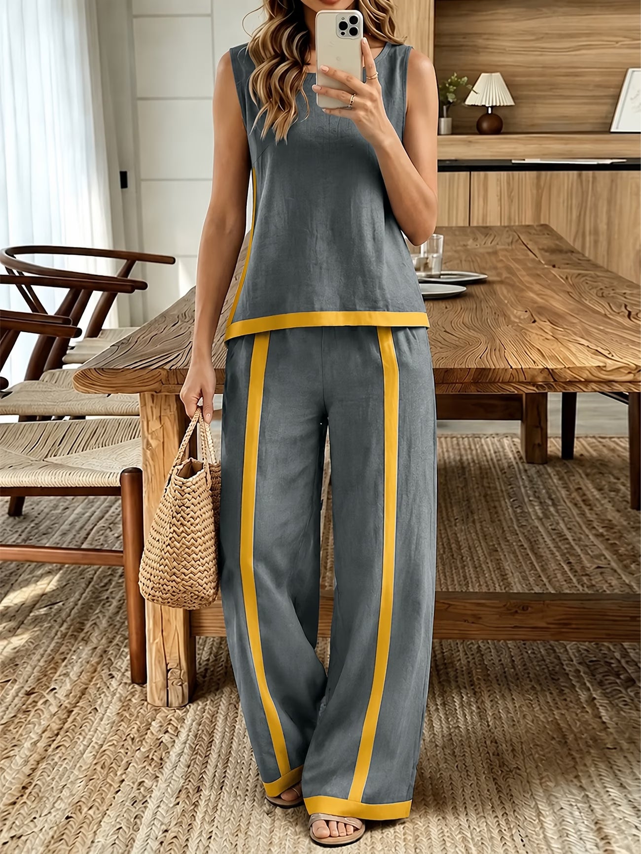 Women's High-End Minimalist Colour-Block Sleeveless Top & Wide-Leg Pants Set