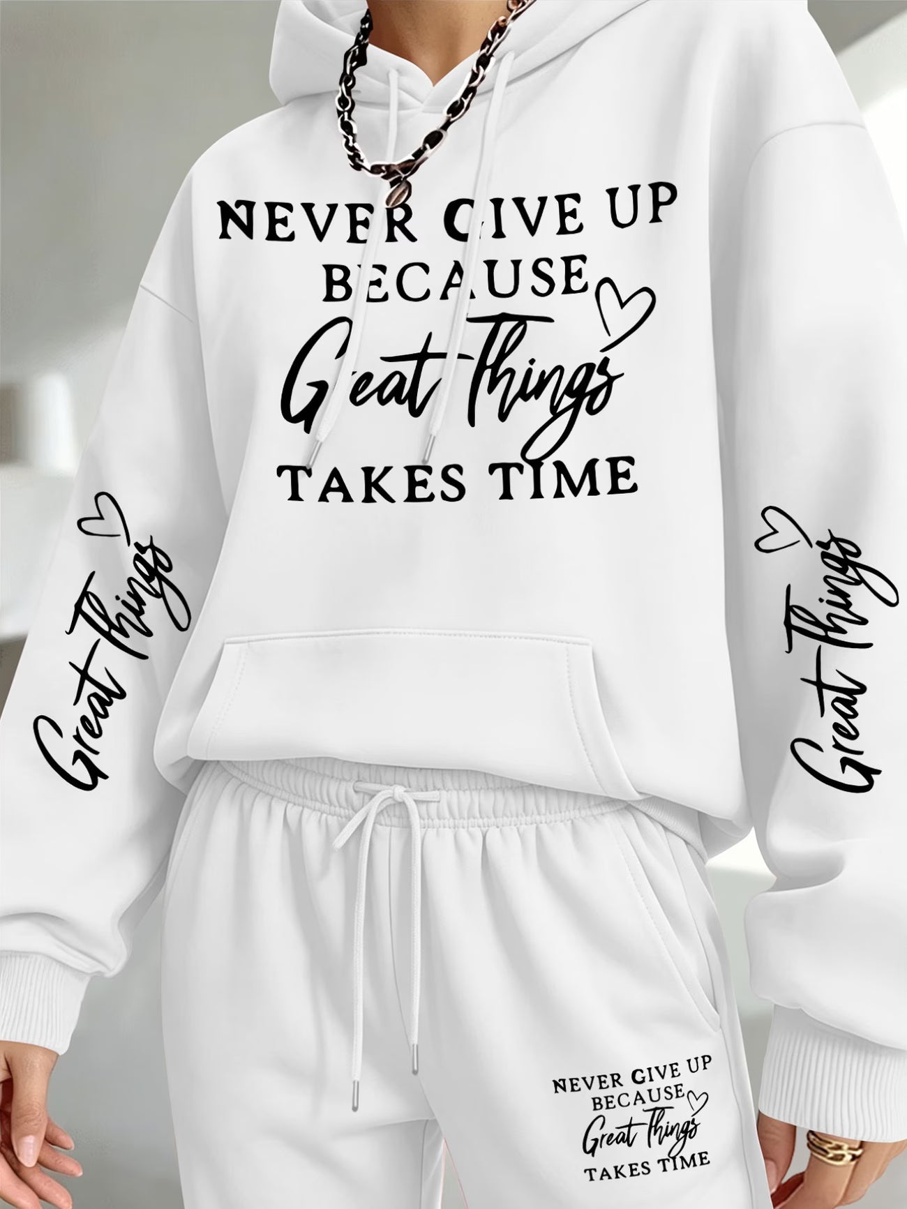 Perseverance & Patience Inspirational Print Hooded Sweatshirt & Sweatpants Set