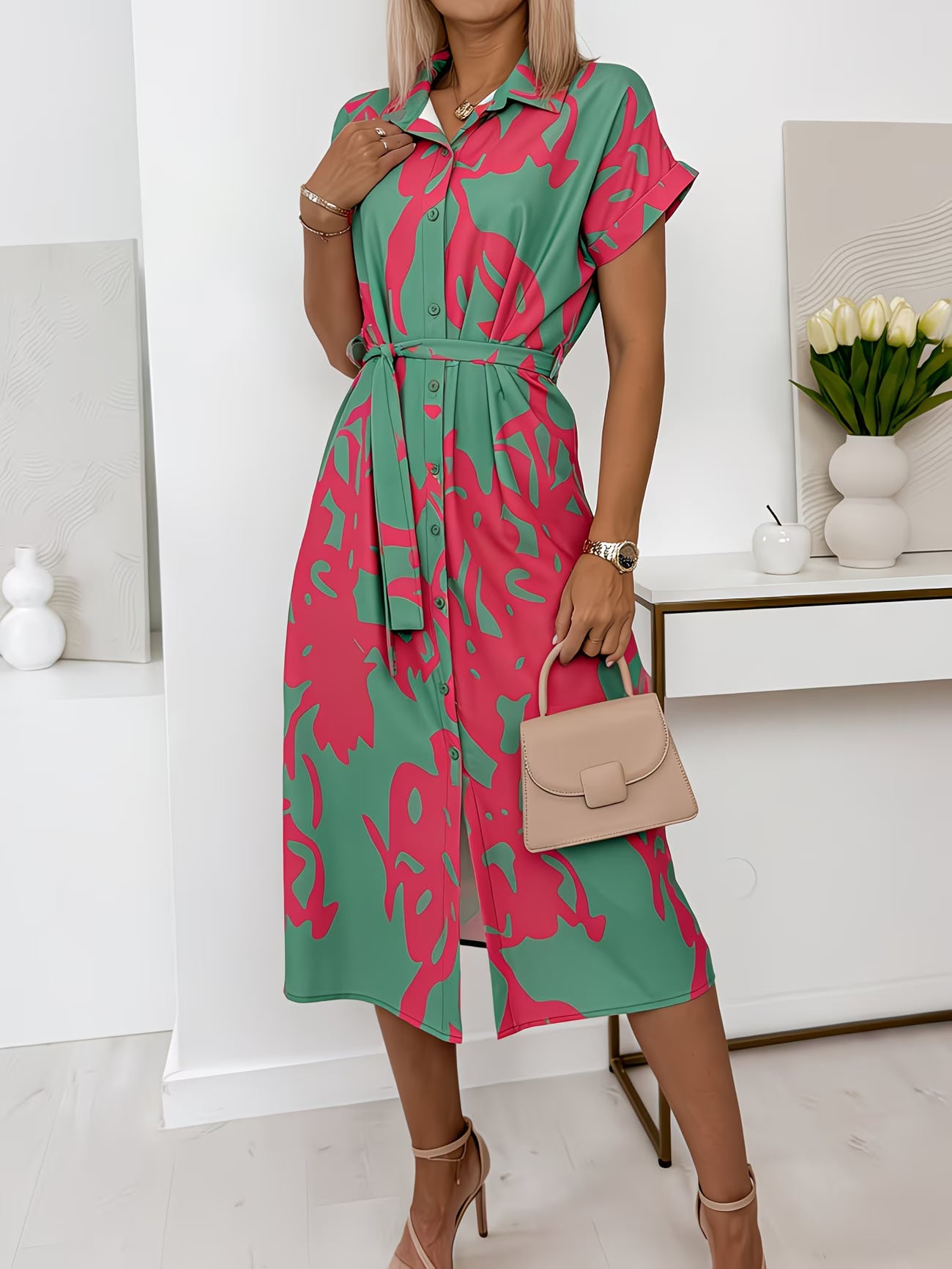 Colour-Block Abstract Print Midi Dress – V-Neck Fitted Blouse Style