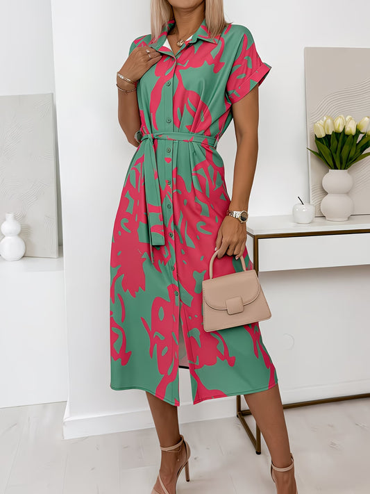Colour-Block Abstract Print Midi Dress – V-Neck Fitted Blouse Style