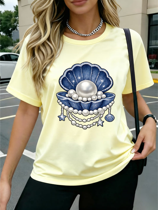 Pearl Denim Bow Heart T-Shirt Denim Fabric