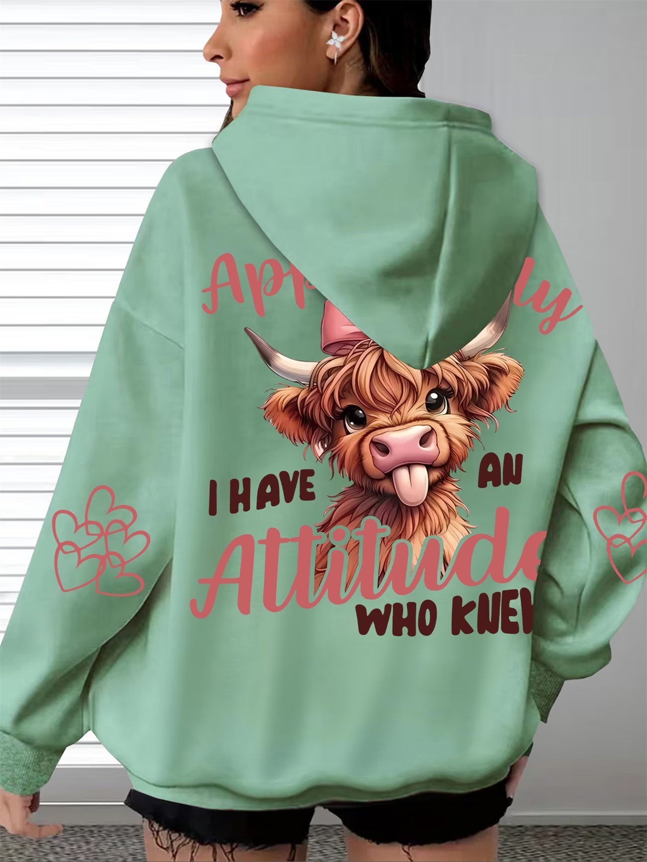 Cow Print 'I Have An Attitude, Who Knew' Women's Soft Casual Long-Sleeve Pocket Top hoodie