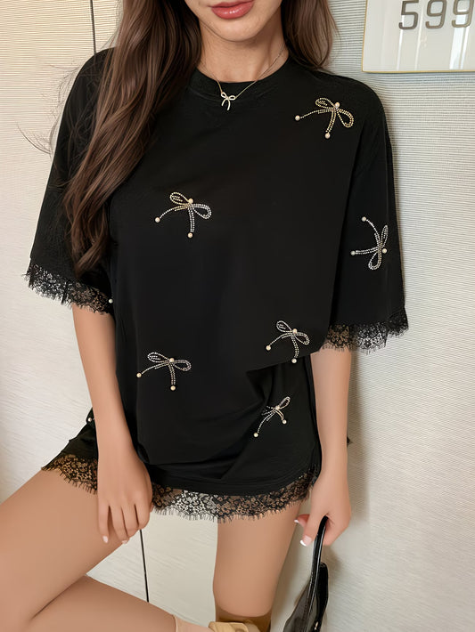 plus size Rhinestone Embellished Pearl Eyelash Lace T-Shirt
