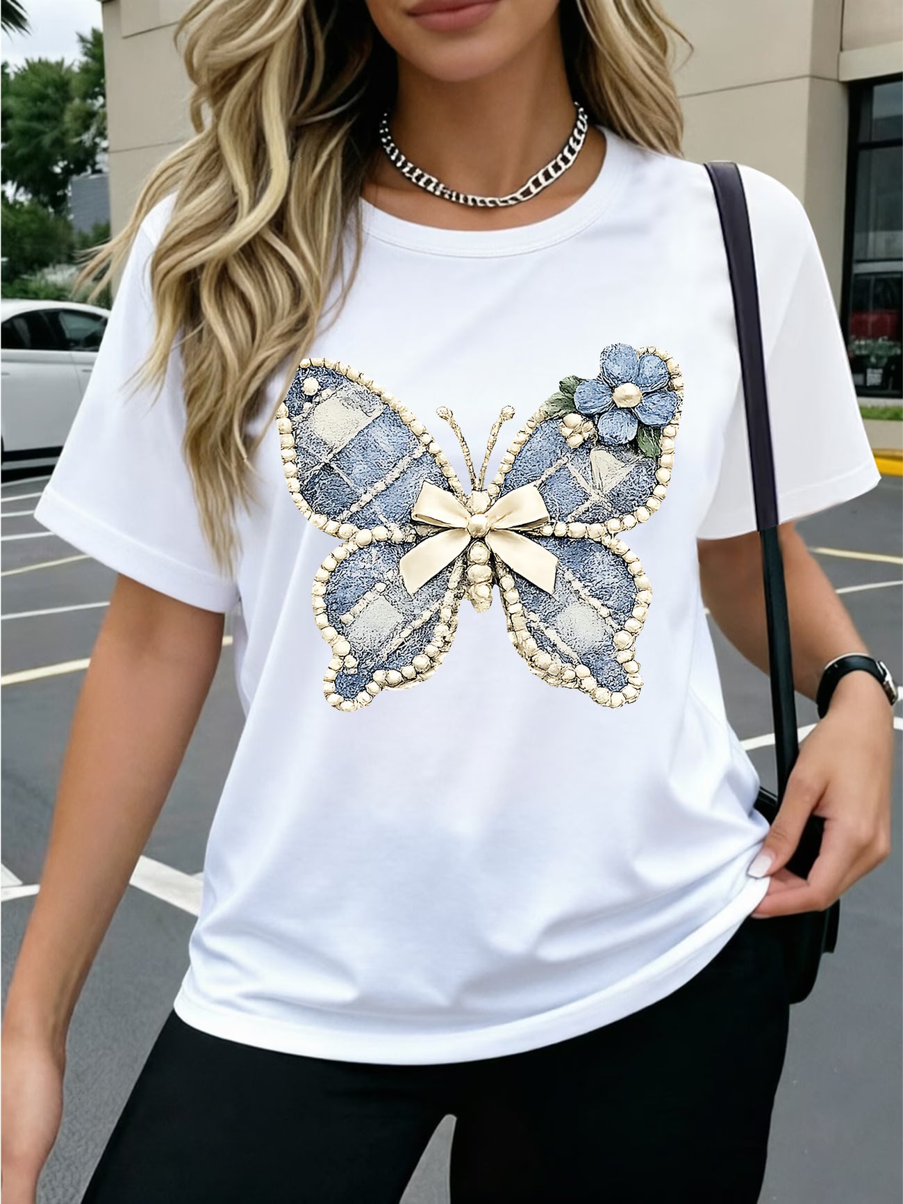 Denim T-Shirt - Soft Pearl Bow & Heart