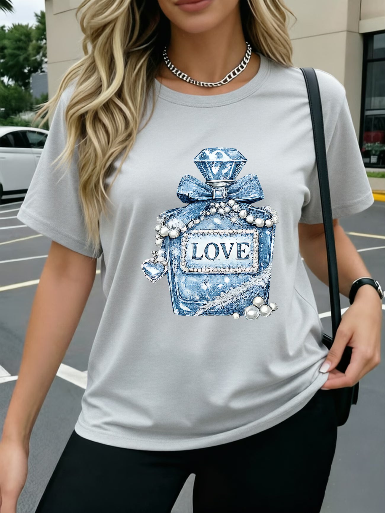 Denim Pearl Bow Heart T-Shirt Denim Fabric