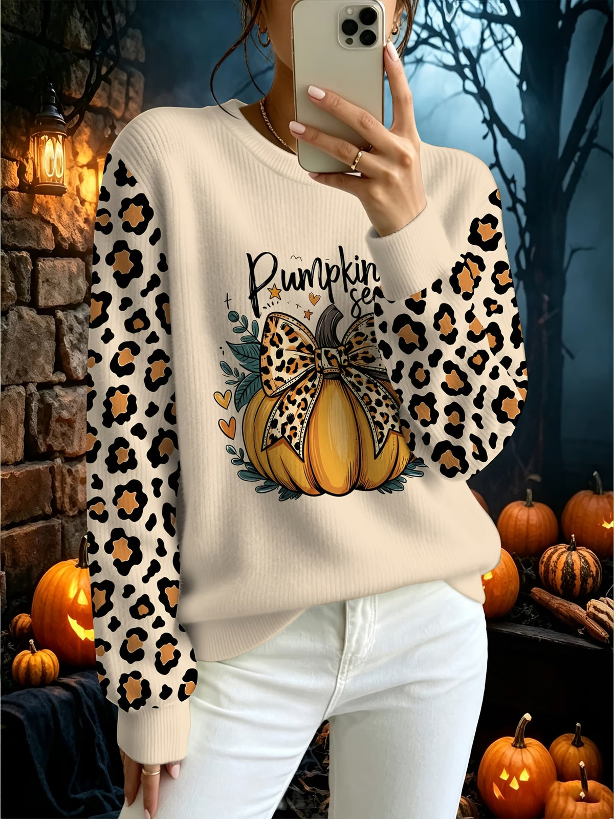 Women's Halloween Pumpkin & Bow Print Leopard-Sleeve Pullover