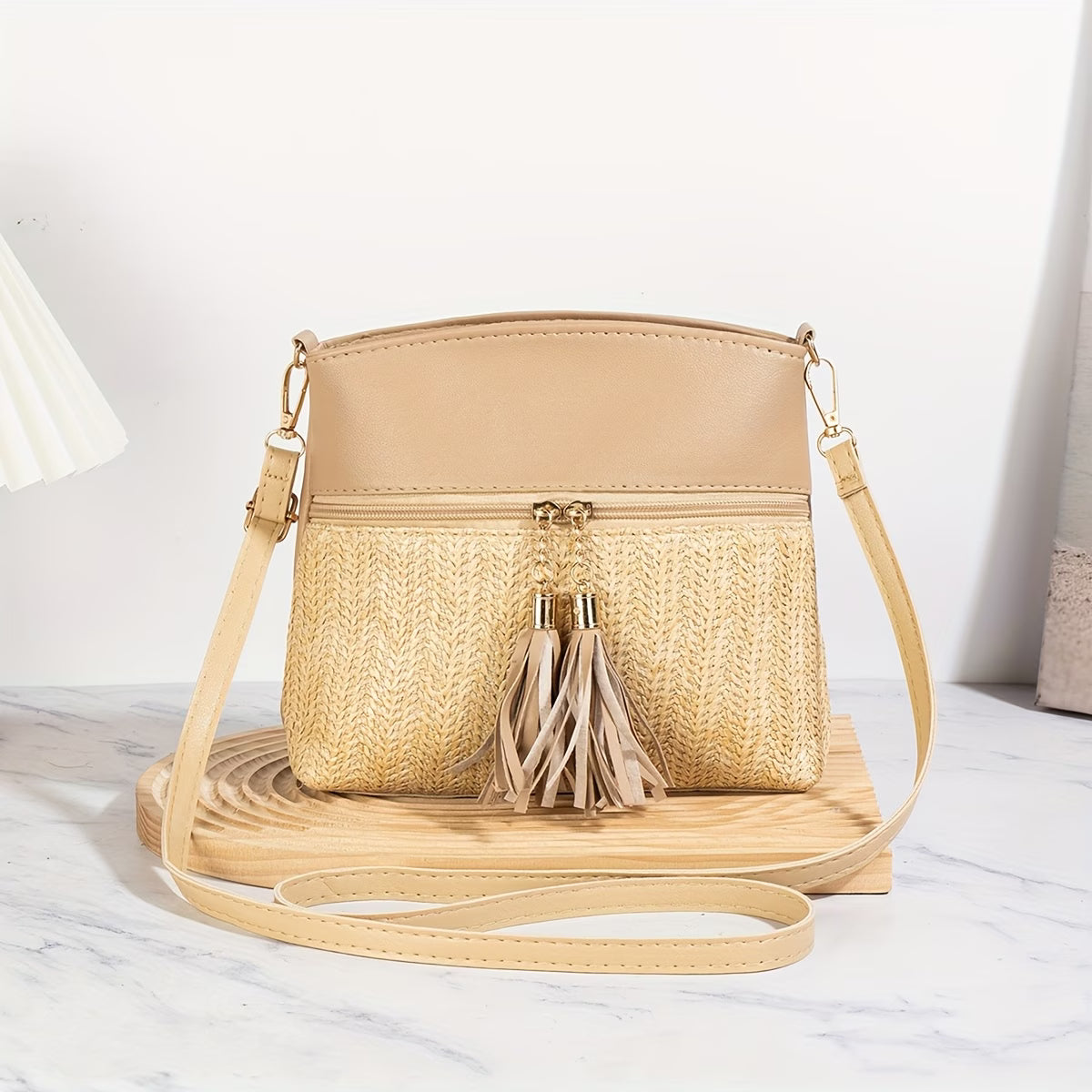 Women's Bohemian Woven Straw Crossbody Bag – Double Tassel Strap