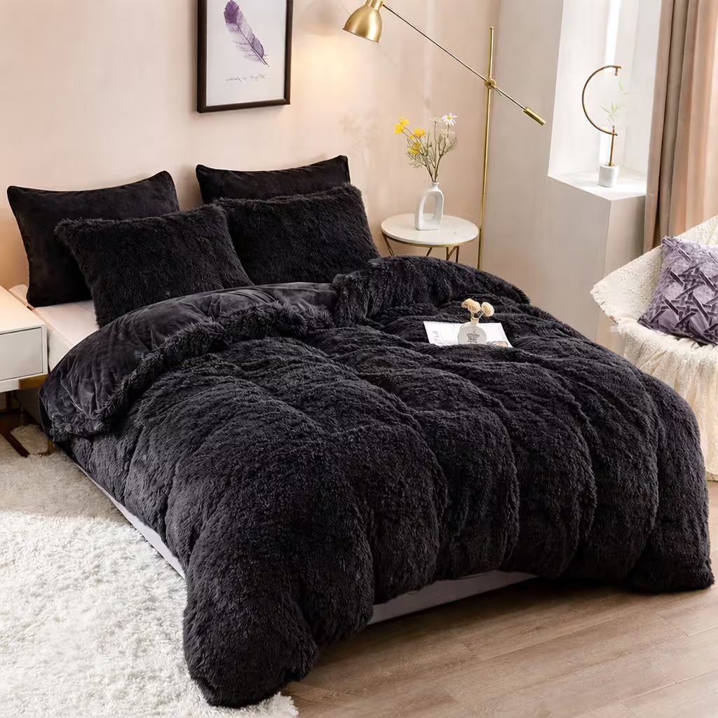 Sunshine 3pcs Easy And Versatile Solid Color Long Plush Duvet Cover Set,