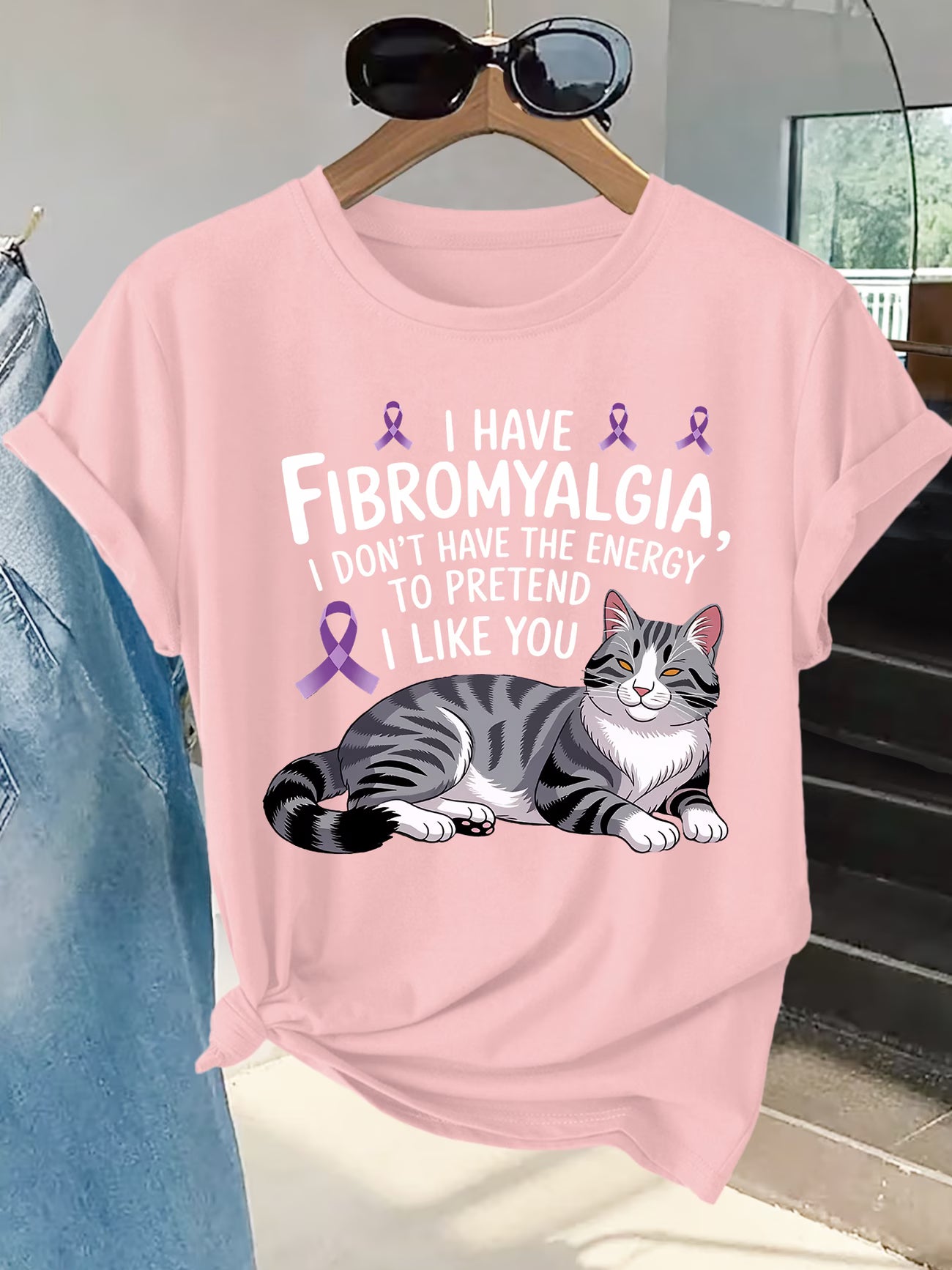 Plus Size Women's Fibromyalgia Awareness T-Shirt – Cat & Ribbon Print Slogan Top
