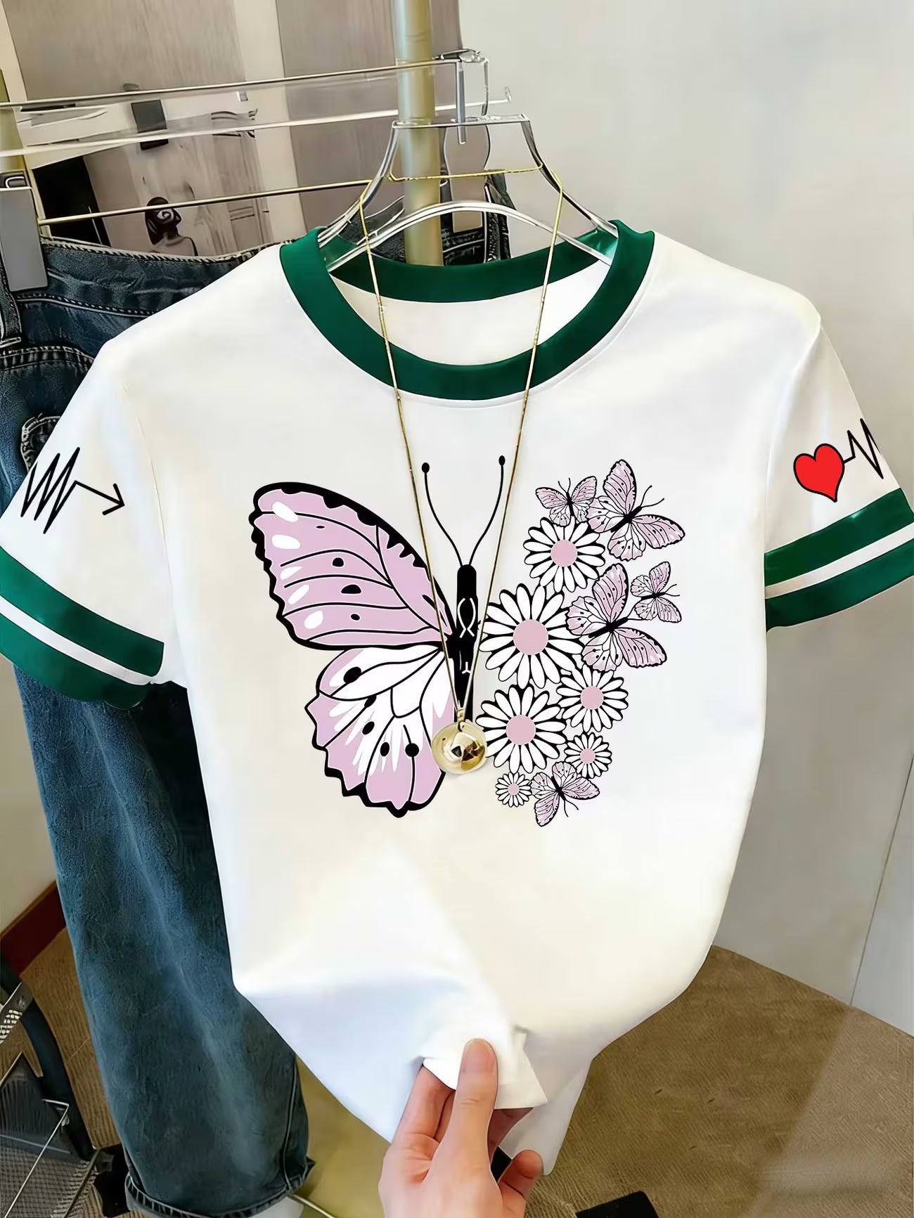 Soft Pink Butterfly & Daisy Print Short-Sleeve Blouse