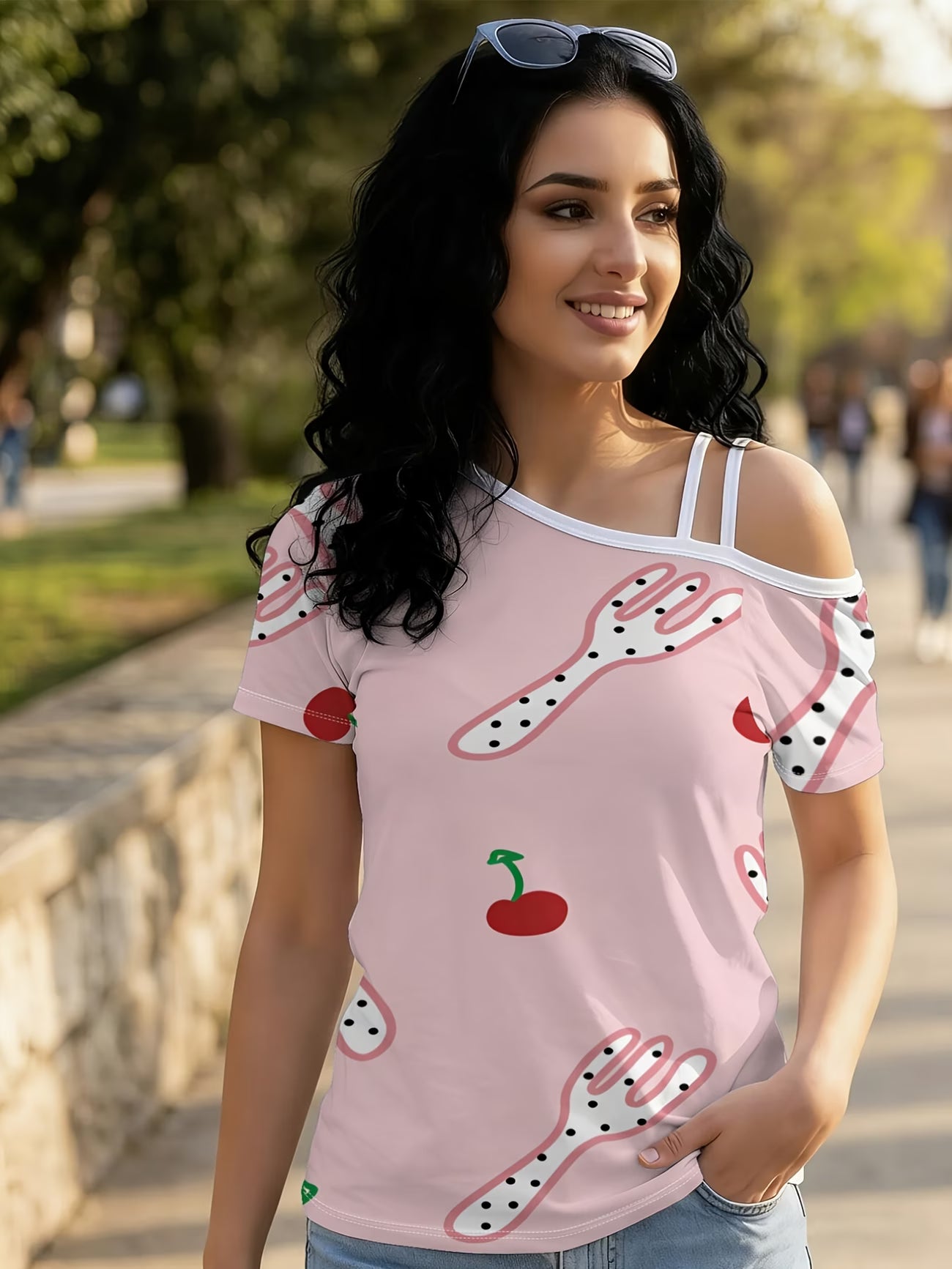 Fork & Cherry PatternWomen's One-shoulder Short-sleeve T-shirt with Unique Asymmetrical Design