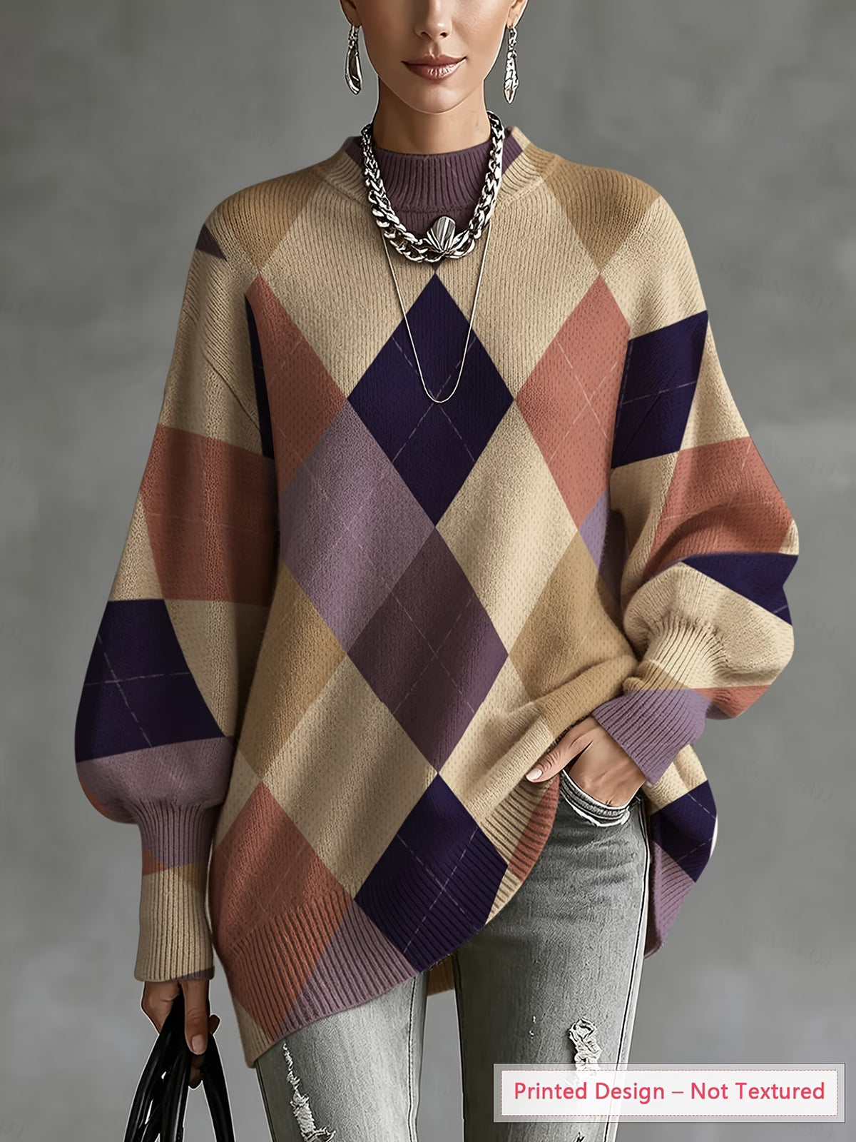 Women's Lightweight Argyle Sweater with Lantern Sleeves