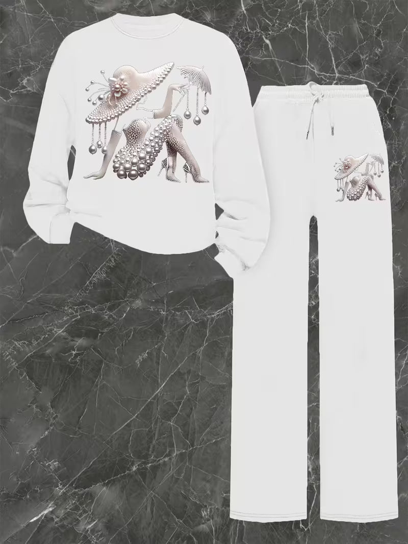Sweatshirt and Drawstring Straight Leg Pants Two-Piece Set,