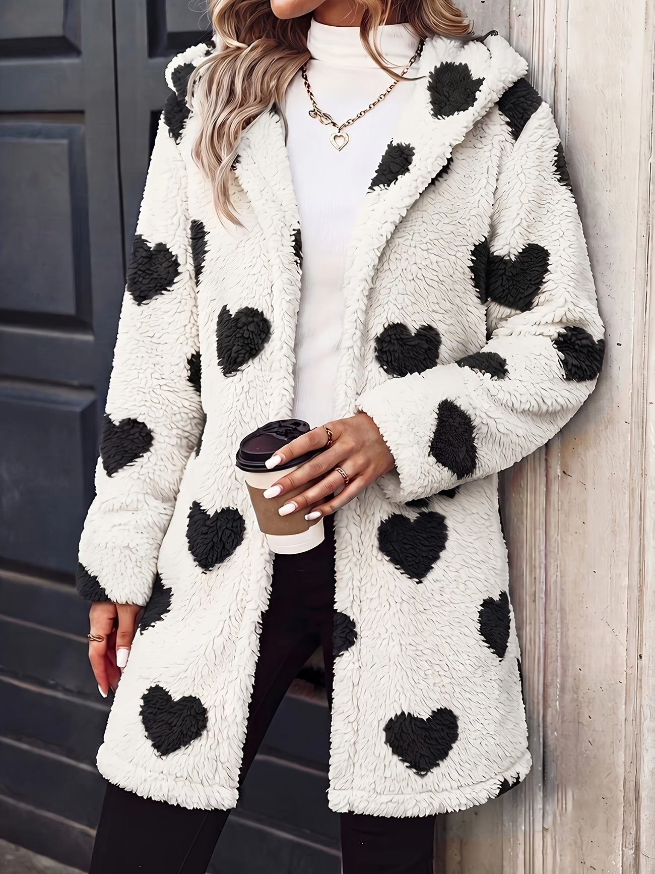 Black Heart Print Hooded Plush Coat – Teddy Fleece Mid-Length Cardigan