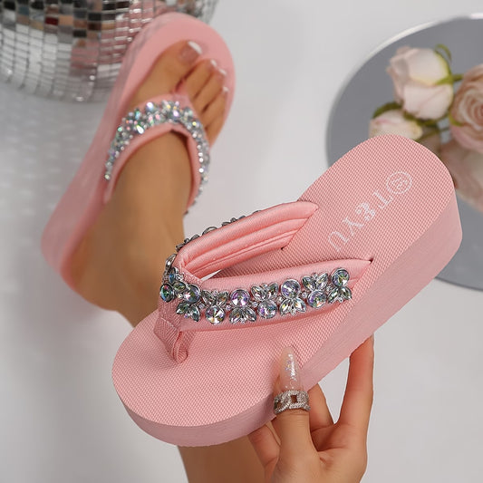 Women's Rhinestone Embellished High Wedge Flip-Flops
